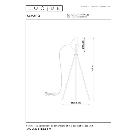 Lucide ALVARO - Lampadaire - 1xE27 - Noir