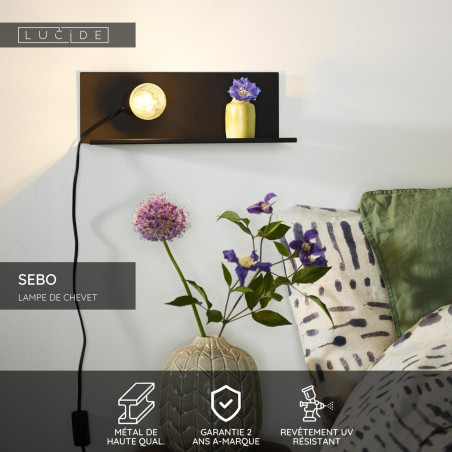 Lucide SEBO - Lampe de chevet / Applique mural - 1xE27 - Noir