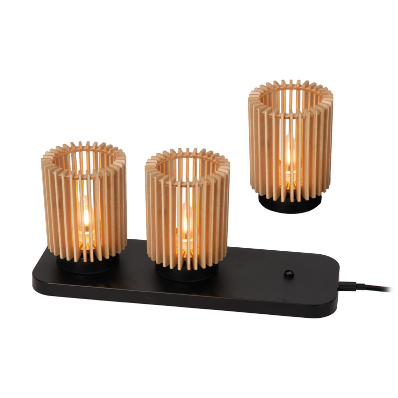 Lucide KIM - Lampe de table Rechargeable - Batterie/Piles - Ø 8 cm - LED 3 StepDim - Bois clair - Ensemble de 3 - Essential