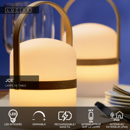 Lucide JOE - Lampe de table Rechargeable Intérieur/Extérieur - Batterie/Piles - Ø 14,5 cm - LED Dim. - 1x3W 3000K - IP44 - Blanc