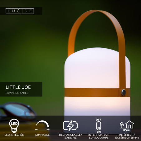 Lucide LITTLE JOE - Lampe de table Rechargeable Intérieur/Extérieur - Batterie/Piles - Ø 10 cm - LED - H 18,5 cm - Brun / Blanc