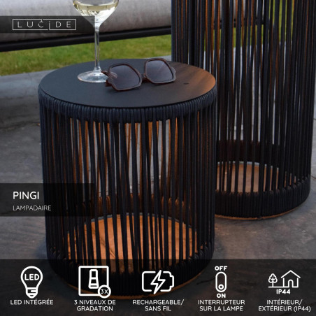 Lucide PINGI - Lampadaire Rechargeable Intérieur/Extérieur - Batterie/Piles - Ø 33,5 cm - LED 3 - H 36,5 cm - Noir