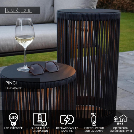 Lucide PINGI - Lampadaire Rechargeable Intérieur/Extérieur - Batterie/Piles - Ø 33,5 cm - LED 3 - H 61,5 cm - Noir