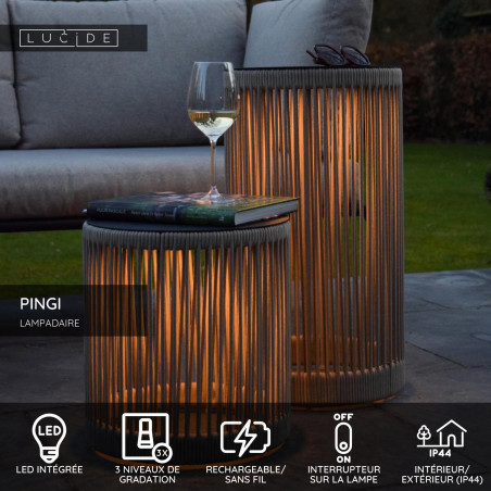 Lucide PINGI - Lampadaire Rechargeable Intérieur/Extérieur - Batterie/Piles - Ø 33,5 cm - LED 3 - H 61,5 cm - Taupe / Noir
