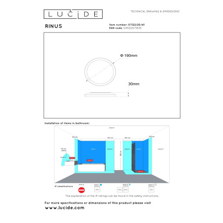 Lucide RINUS - Plafonnier Salle de bains - Ø 19 cm - LED - CCT - 1x9,5W 2200K/3000K - IP44 - Opalin - Essential