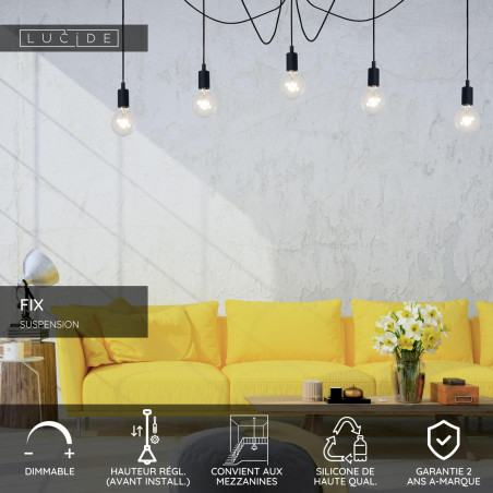 Lucide FIX - Suspension - 5xE27 - Convient aux mezzanines et plafonds hauts - Noir