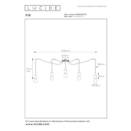 Lucide FIX - Suspension - 5xE27 - Convient aux mezzanines et plafonds hauts - Noir