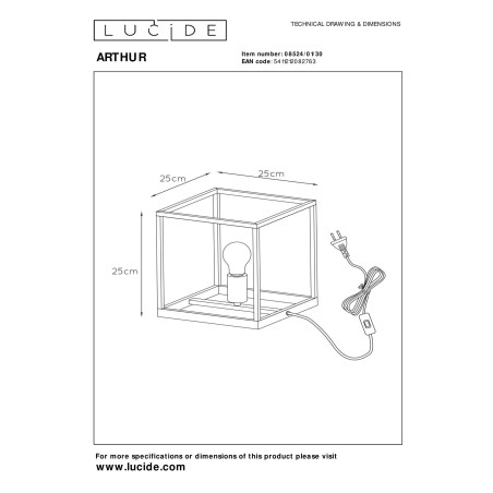 Lucide ARTHUR - Lampe de table - 1xE27 - Noir