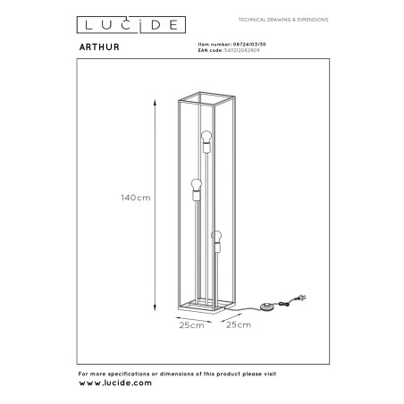 Lucide ARTHUR - Lampadaire - 3xE27 - Noir
