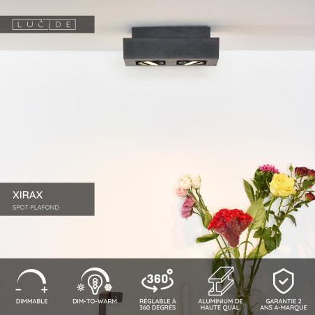 Lucide XIRAX - Spot plafond - LED Dim to warm - GU10 (MR16) - 2x5W 2200K/3000K - Noir