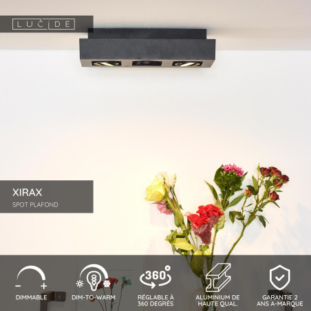 Lucide XIRAX - Spot plafond - LED Dim to warm - GU10 (MR16) - 3x5W 2200K/3000K - Noir