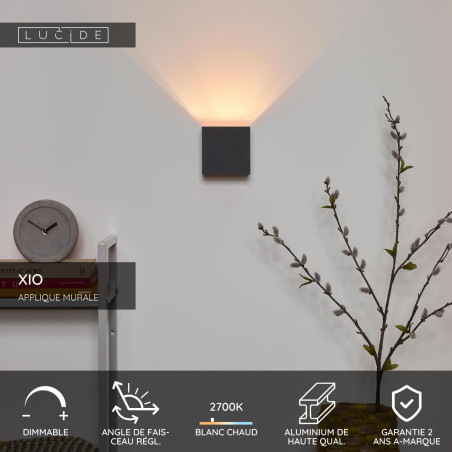 Lucide XIO - Applique murale - LED Dim. - G9 - 1x4W 2700K - Angle du faisceau réglable - Gris