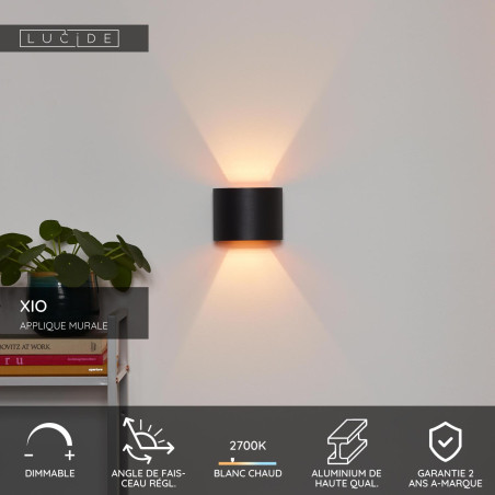 Lucide XIO - Applique murale - LED Dim. - G9 - 1x3,5W 2700K - Angle du faisceau réglable - Noir