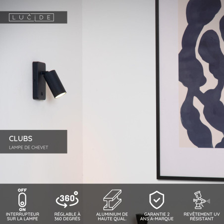 Lucide CLUBS - Lampe de chevet / Applique mural - 1xGU10 (MR16) - Noir