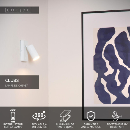Lucide CLUBS - Lampe de chevet / Applique mural - 1xGU10 (MR16) - Blanc