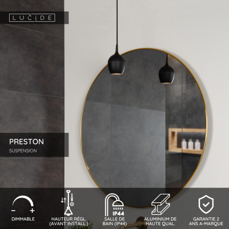 Lucide PRESTON - Suspension Salle de bains - Ø 10 cm - 1xGU10 (MR16) - IP44 - Noir