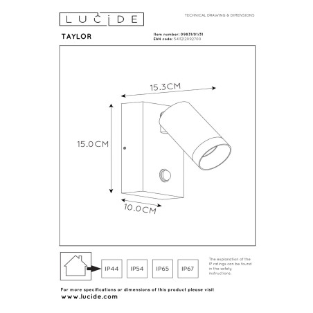 Lucide TAYLOR - Spot mural / Applique mural Intérieur/Extérieur - 1xGU10 (MR16) - IP54 - Détecteur De Mouvement - Blanc