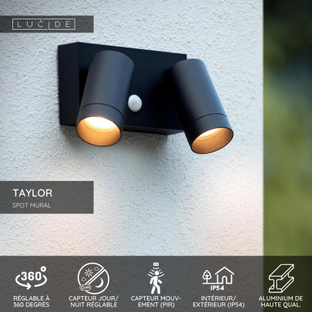 Lucide TAYLOR - Spot mural / Applique mural Intérieur/Extérieur - 2xGU10 (MR16) - IP54 - Détecteur De Mouvement - Noir