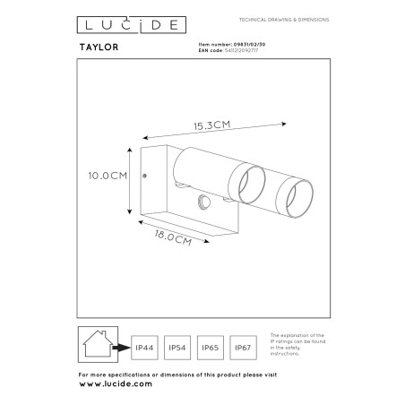 Lucide TAYLOR - Spot mural / Applique mural Intérieur/Extérieur - 2xGU10 (MR16) - IP54 - Détecteur De Mouvement - Noir