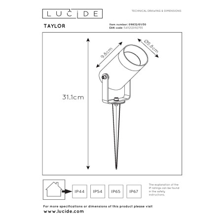Lucide TAYLOR - Spot de jardin - Ø 10 cm - 1xGU10 (MR16) - IP65 - Noir
