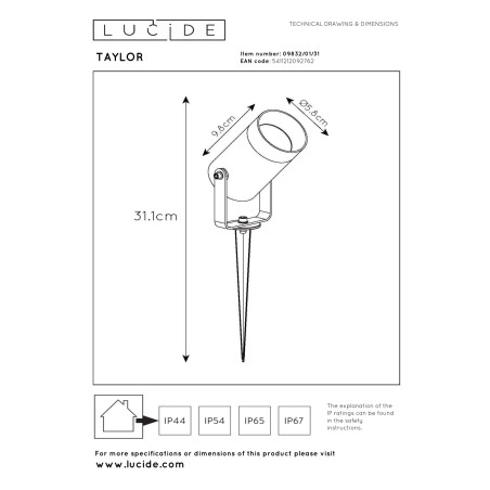 Lucide TAYLOR - Spot de jardin - Ø 10 cm - 1xGU10 (MR16) - IP65 - Blanc