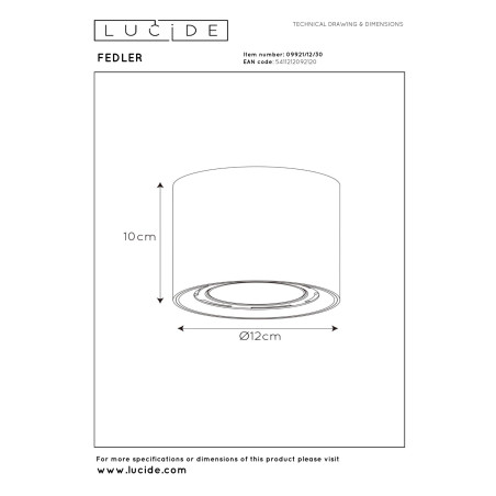 Lucide FEDLER - Spot plafond - Ø 12 cm - LED Dim to warm - GU10 (ES111) - 1x12W 2200K/3000K - Noir