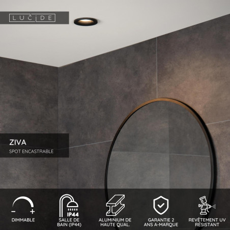 Lucide ZIVA - Spot encastrable Salle de bains - Ø 8,4 cm - 1xGU10 (MR16) - IP44 - Noir