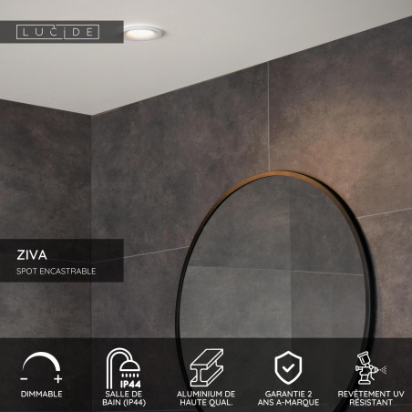 Lucide ZIVA - Spot encastrable Salle de bains - Ø 8,4 cm - 1xGU10 (MR16) - IP44 - Blanc