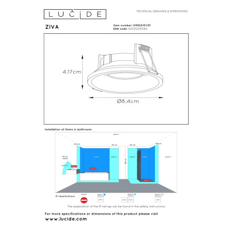 Lucide ZIVA - Spot encastrable Salle de bains - Ø 8,4 cm - 1xGU10 (MR16) - IP44 - Blanc
