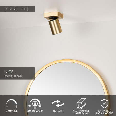 Lucide NIGEL - Spot plafond - LED Dim to warm - GU10 (MR16) - 1x5W 2200K/3000K - Or Mat / Laiton