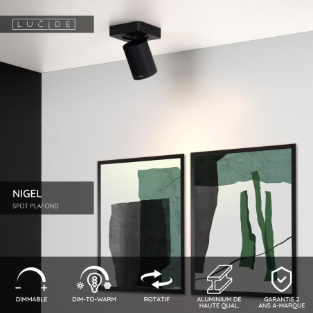 Lucide NIGEL - Spot plafond - LED Dim to warm - GU10 (MR16) - 1x5W 2200K/3000K - Noir