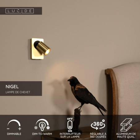 Lucide NIGEL - Lampe de chevet / Applique mural - LED Dim to warm - GU10 (MR16) - 1x5W 2200K/3000K - Point de rechargement USB