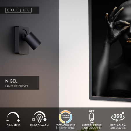 Lucide NIGEL - Lampe de chevet / Applique mural - LED Dim to warm - CCT - GU10 (MR16) - 1x5W 2200K/3000K - - Réf. 09929/06/30