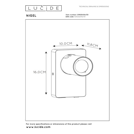 Lucide NIGEL - Lampe de chevet / Applique mural - LED Dim to warm - CCT - GU10 (MR16) - 1x5W 2200K/3000K - - Réf. 09929/06/30