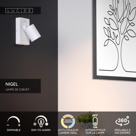 Lucide NIGEL - Lampe de chevet / Applique mural - LED Dim to warm - CCT - GU10 (MR16) - 1x5W 2200K/3000K - - Réf. 09929/06/31