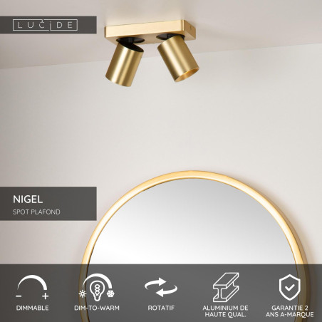 Lucide NIGEL - Spot plafond - LED Dim to warm - GU10 (MR16) - 2x5W 2200K/3000K - Or Mat / Laiton