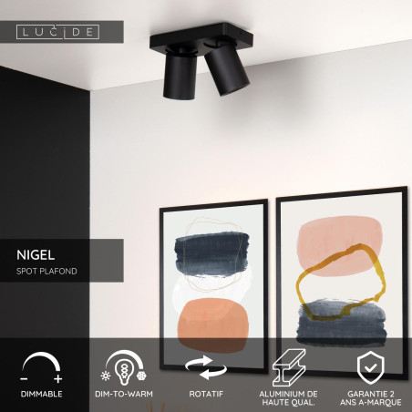 Lucide NIGEL - Spot plafond - LED Dim to warm - GU10 (MR16) - 2x5W 2200K/3000K - Noir