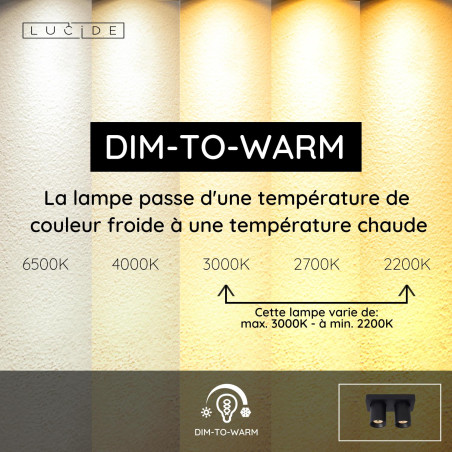 Lucide NIGEL - Spot plafond - LED Dim to warm - GU10 (MR16) - 2x5W 2200K/3000K - Noir