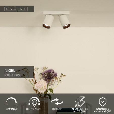 Lucide NIGEL - Spot plafond - LED Dim to warm - GU10 (MR16) - 2x5W 2200K/3000K - Blanc