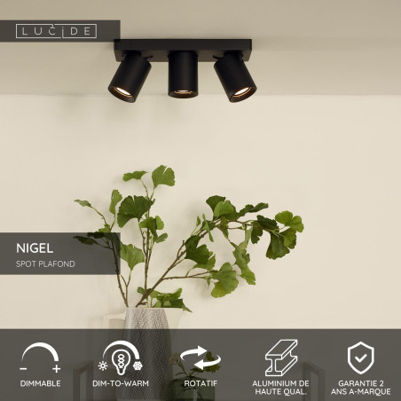 Lucide NIGEL - Spot plafond - LED Dim to warm - GU10 (MR16) - 3x5W 2200K/3000K - Noir