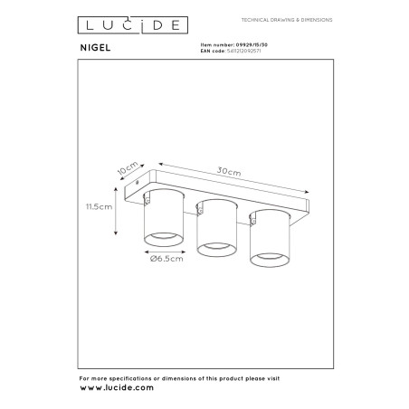 Lucide NIGEL - Spot plafond - LED Dim to warm - GU10 (MR16) - 3x5W 2200K/3000K - Noir