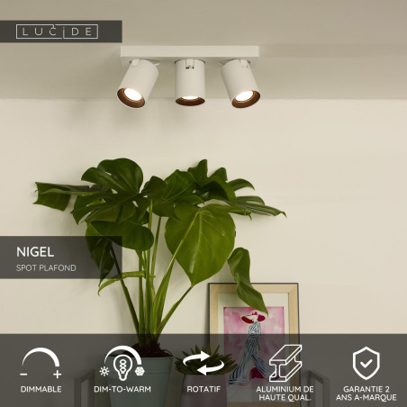 Lucide NIGEL - Spot plafond - LED Dim to warm - GU10 (MR16) - 3x5W 2200K/3000K - Blanc
