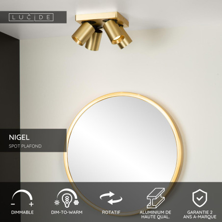 Lucide NIGEL - Spot plafond - LED Dim to warm - GU10 (MR16) - 4x5W 2200K/3000K - Or Mat / Laiton