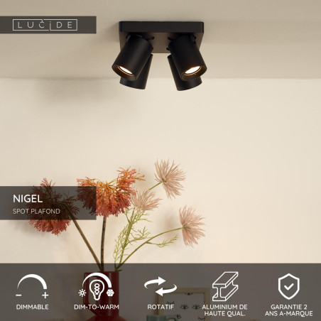 Lucide NIGEL - Spot plafond - LED Dim to warm - GU10 (MR16) - 4x5W 2200K/3000K - Noir