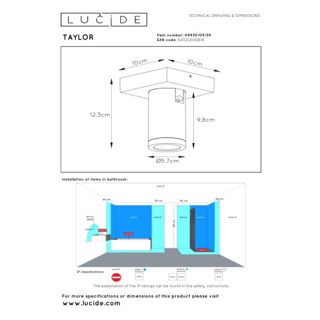 Lucide TAYLOR - Spot plafond Salle de bains - LED Dim to warm - GU10 (MR16) - 1x5W 2200K/3000K - IP44 - Noir