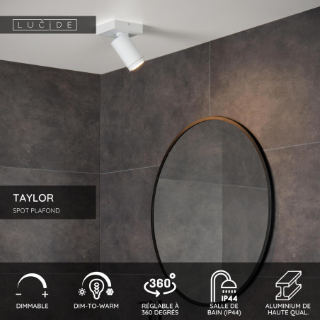 Lucide TAYLOR - Spot plafond Salle de bains - LED Dim to warm - GU10 (MR16) - 1x5W 2200K/3000K - IP44 - Blanc