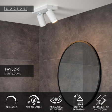 Lucide TAYLOR - Spot plafond Salle de bains - LED Dim to warm - GU10 (MR16) - 2x5W 2200K/3000K - IP44 - Blanc