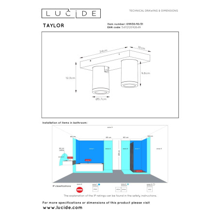 Lucide TAYLOR - Spot plafond Salle de bains - LED Dim to warm - GU10 (MR16) - 2x5W 2200K/3000K - IP44 - Blanc