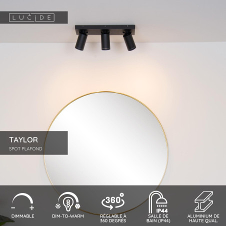 Lucide TAYLOR - Spot plafond Salle de bains - LED Dim to warm - GU10 (MR16) - 3x5W 2200K/3000K - IP44 - Noir