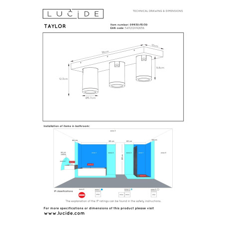 Lucide TAYLOR - Spot plafond Salle de bains - LED Dim to warm - GU10 (MR16) - 3x5W 2200K/3000K - IP44 - Noir